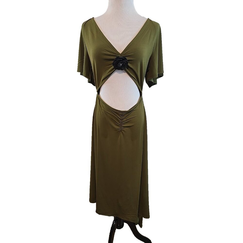 WeWoreWhat Cut Out Asymmetrical hem Dress Double knit Stretch‎ Olive Size M New